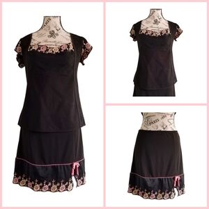 🌸 2 Pcs Kollontai Black Lace Patchwork With Pink Embroidery Details Set